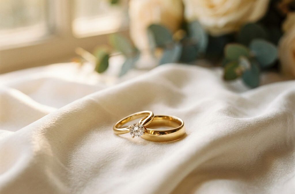 Zwei goldene Eheringe auf weichem Stoff, elegant beleuchtet