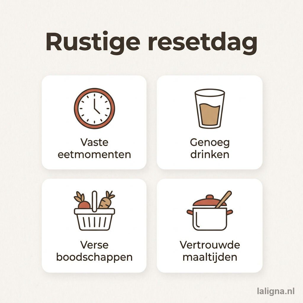 Infografiek: vaste eetmomenten, genoeg drinken, verse boodschappen en vertrouwde maaltijden op een rustige resetdag