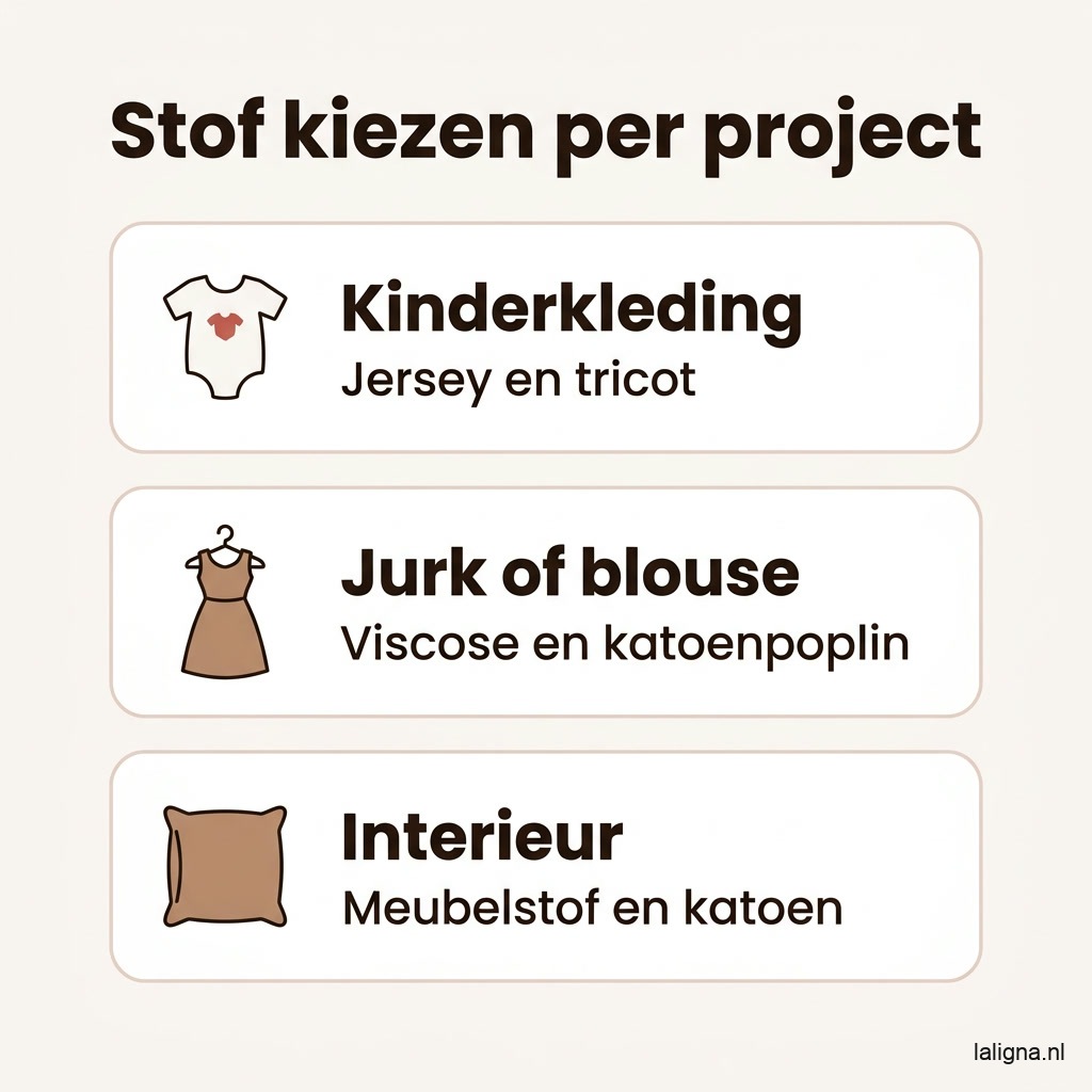 Infografiek: stof kiezen per project, jersey en tricot voor kinderkleding, viscose en katoenpoplin voor een jurk of blouse, meubelstof en katoen voor interieur
